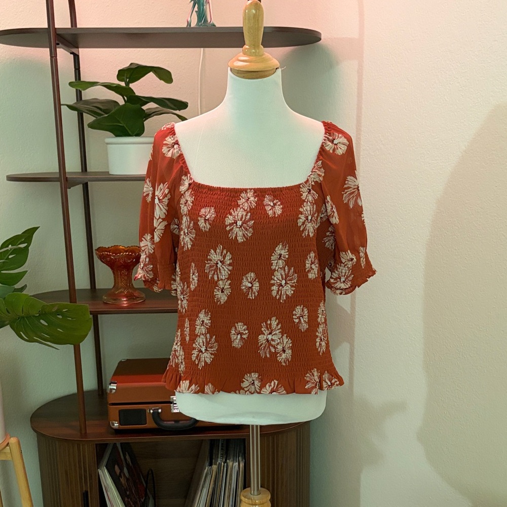 Madewell Floral Smocked Top - Rust